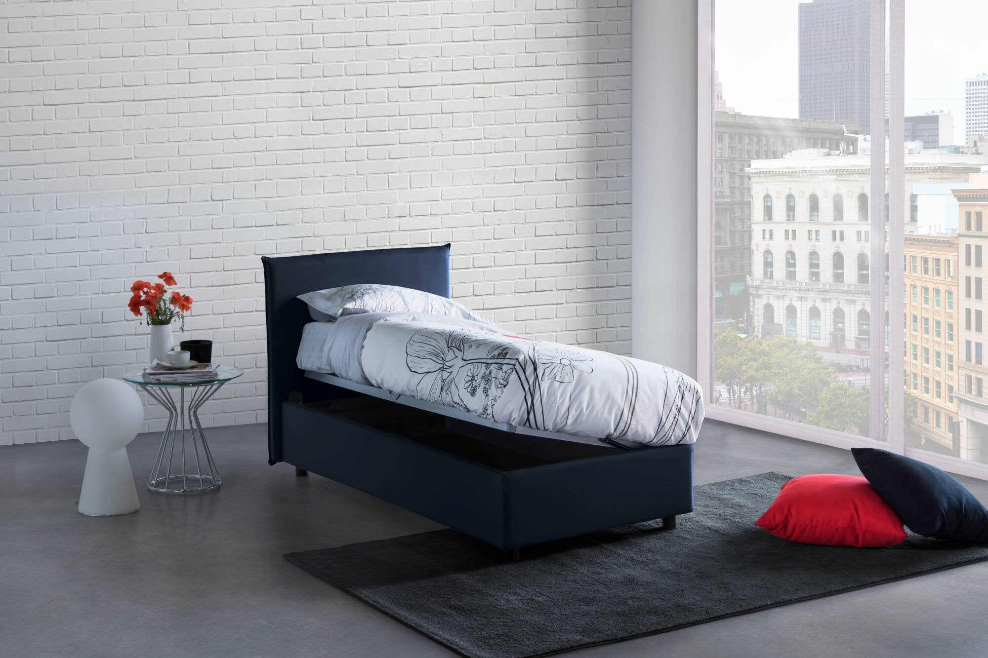 Letto singolo Acuila, Letto contenitore con rivestimento in tessuto, Made in Italy, Apertura laterale, adatto per materasso cm 80x190, Blu