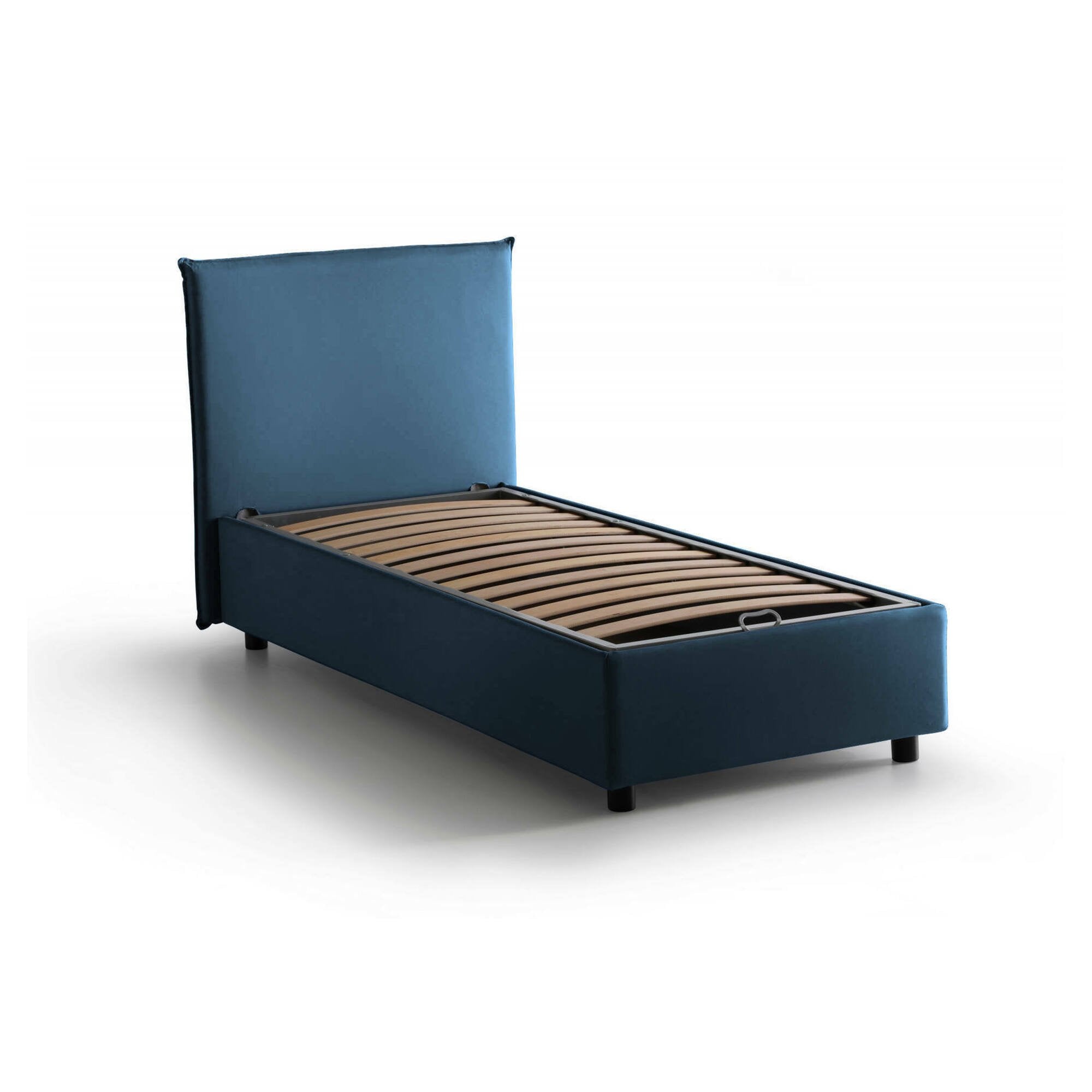 Letto singolo Acuila, Letto contenitore con rivestimento in tessuto, Made in Italy, Apertura laterale, adatto per materasso cm 80x190, Blu