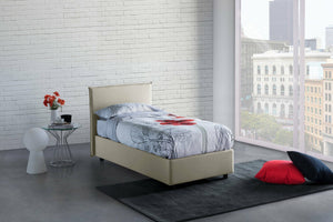 Letto singolo Acuila, Letto contenitore con rivestimento in tessuto, Made in Italy, Apertura laterale, adatto per materasso cm 80x190, Beige