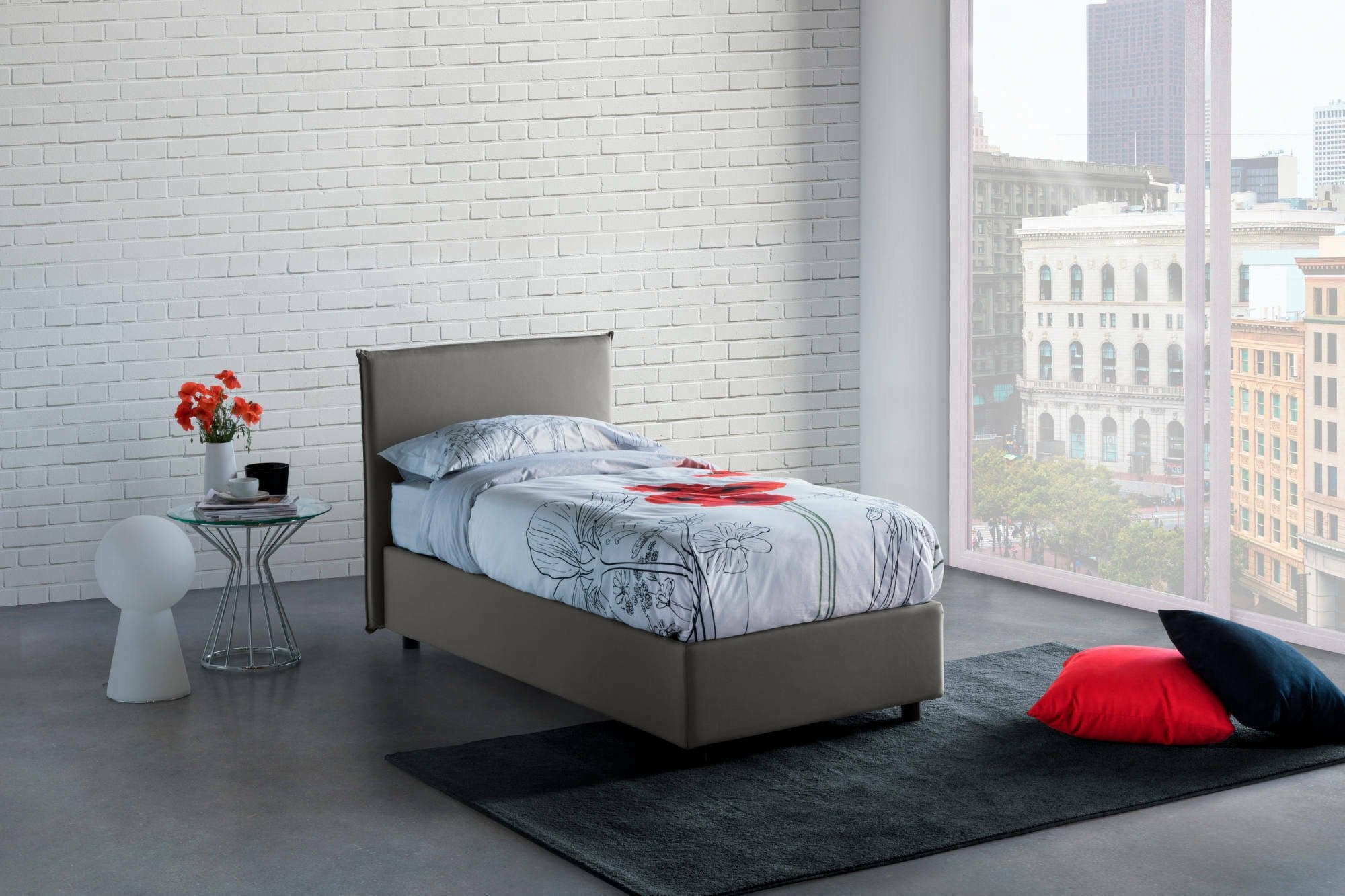 Letto singolo Acuila, Letto contenitore con rivestimento in tessuto, Made in Italy, Apertura laterale, adatto per materasso cm 80x190, Grigio