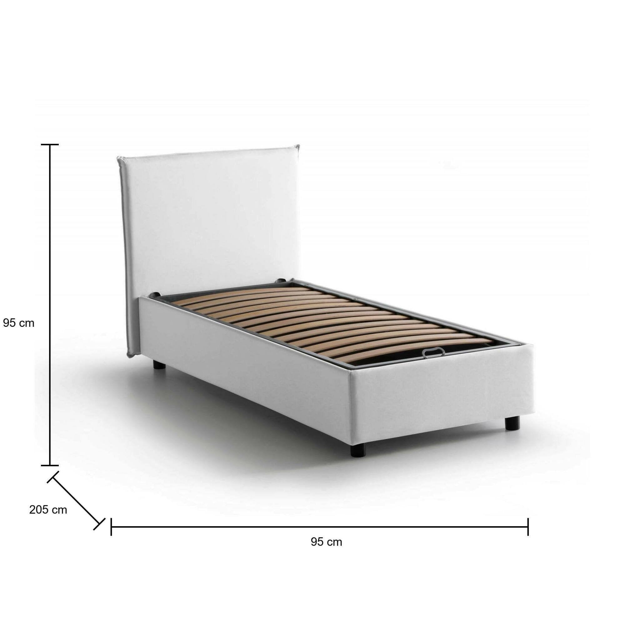 Letto singolo Acuila, Letto contenitore con rivestimento in tessuto, Made in Italy, Apertura laterale, adatto per materasso cm 80x190, Bianco