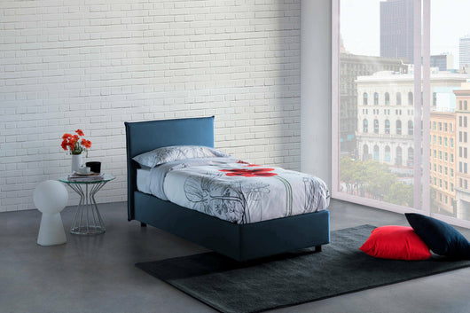 Letto singolo Astor, Letto contenitore con rivestimento in tessuto, Made in Italy, Apertura laterale, con materasso cm 80x190 incluso, Blu