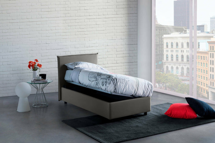 Letto singolo Astor, Letto contenitore con rivestimento in tessuto, Made in Italy, Apertura laterale, con materasso cm 80x190 incluso, Grigio