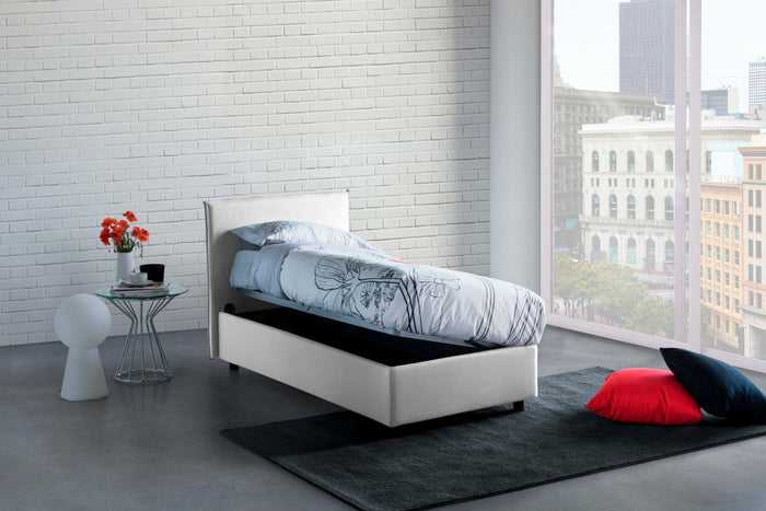 Letto singolo Astor, Letto contenitore con rivestimento in tessuto, Made in Italy, Apertura laterale, con materasso cm 80x190 incluso, Bianco