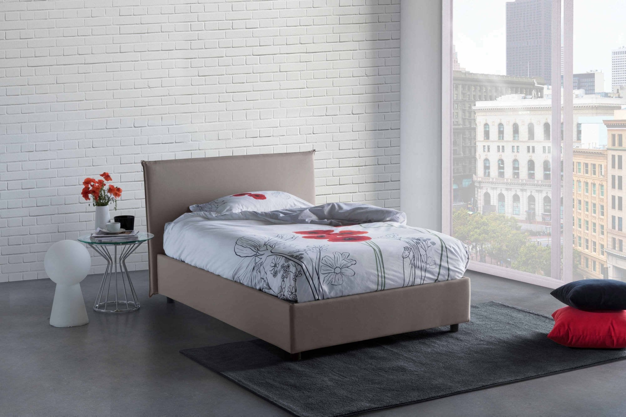 Letto piazza e mezza Anyta, Letto contenitore con rivestimento in tessuto, Made in Italy, Apertura frontale, adatto per materasso cm 120x190, Tortora