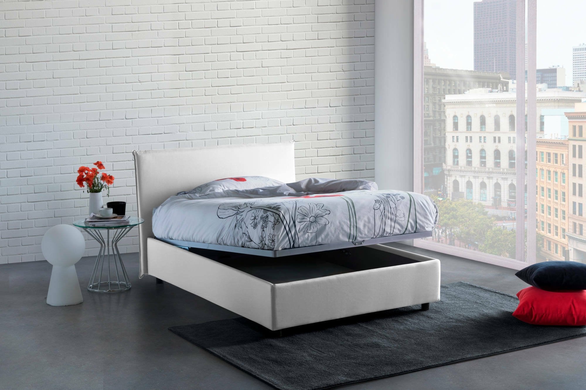 Letto piazza e mezza Anyta, Letto contenitore con rivestimento in tessuto, Made in Italy, Apertura frontale, adatto per materasso cm 120x190, Bianco