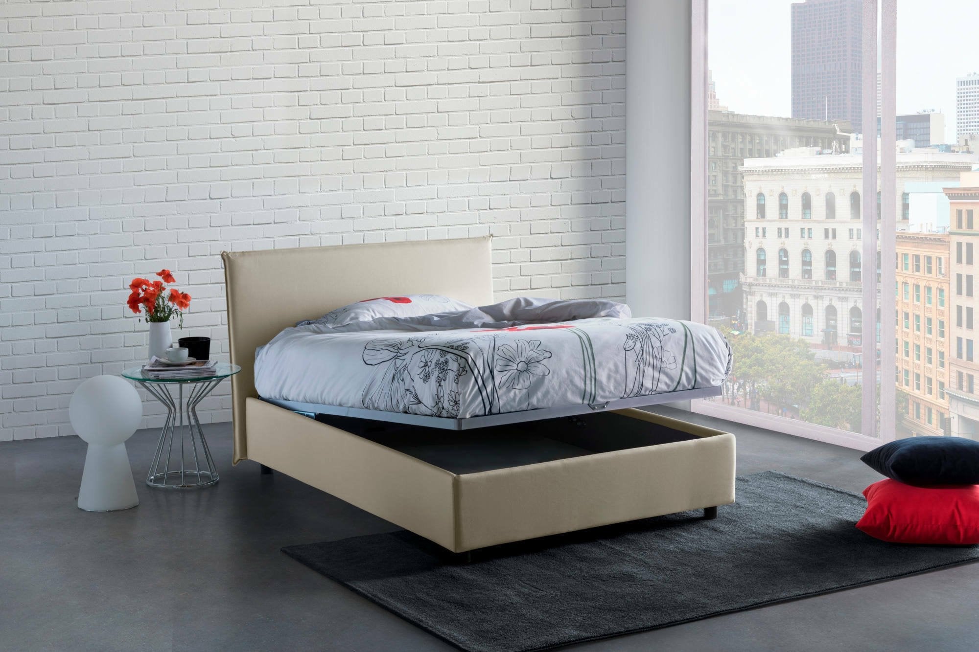 Letto piazza e mezza Alush, Letto contenitore con rivestimento in tessuto, Made in Italy, Apertura frontale, con materasso cm 120x190 incluso, Beige