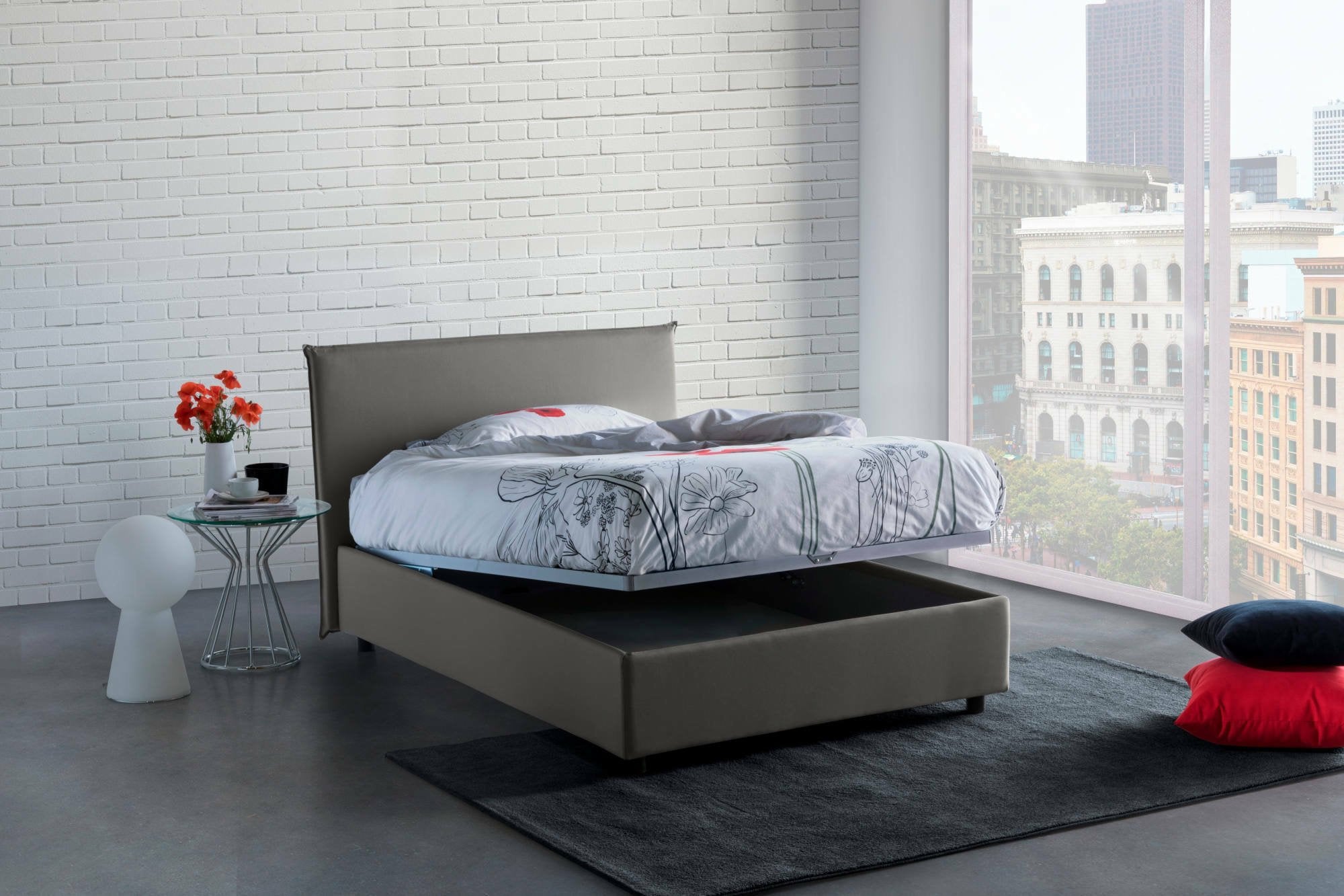 Letto piazza e mezza Alush, Letto contenitore con rivestimento in tessuto, Made in Italy, Apertura frontale, con materasso cm 120x190 incluso, Grigio