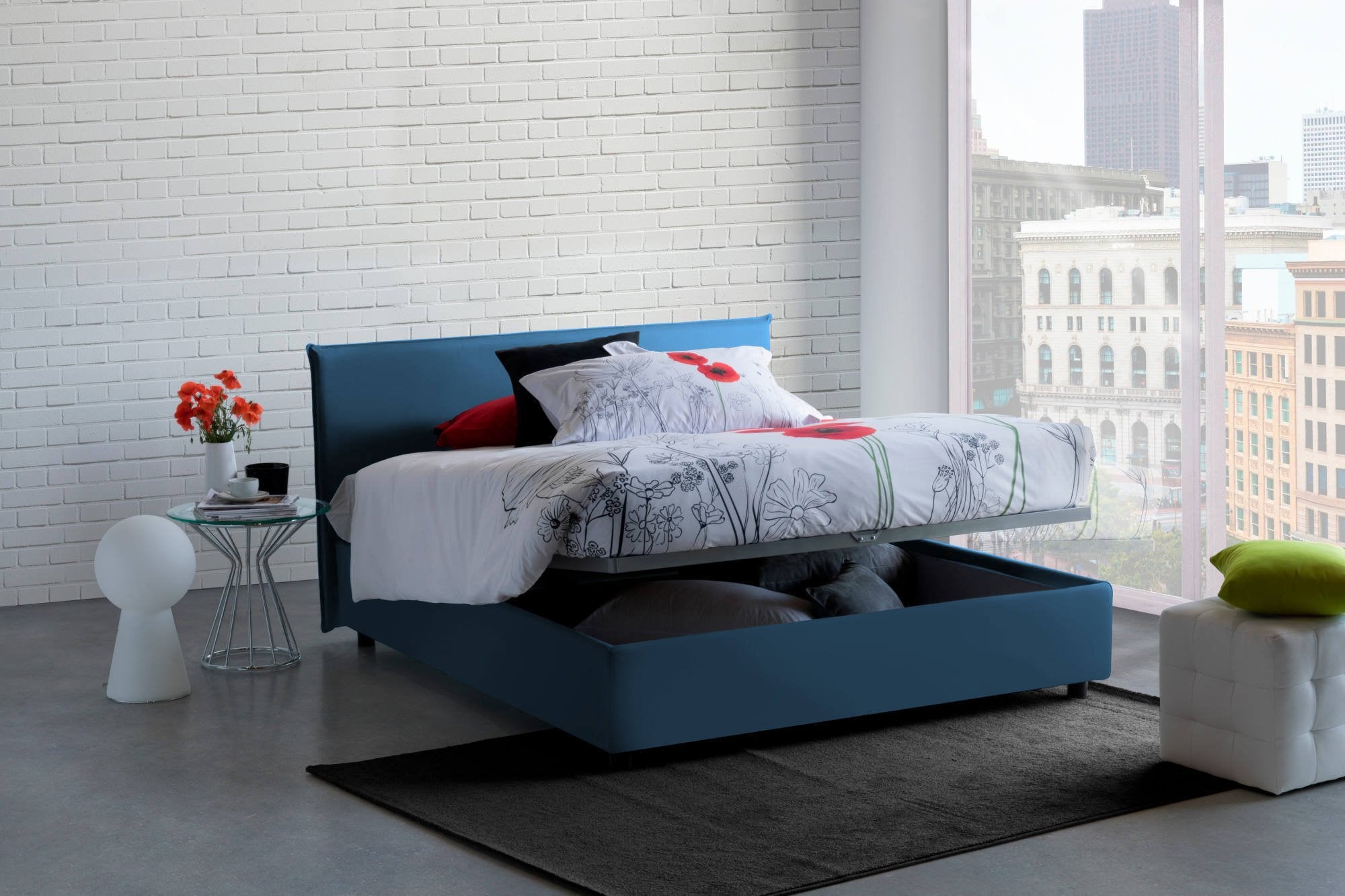 Letto matrimoniale Anassimene, Letto contenitore con rivestimento in tessuto, Made in Italy, Apertura frontale, con materasso cm 160x190 incluso, Blu