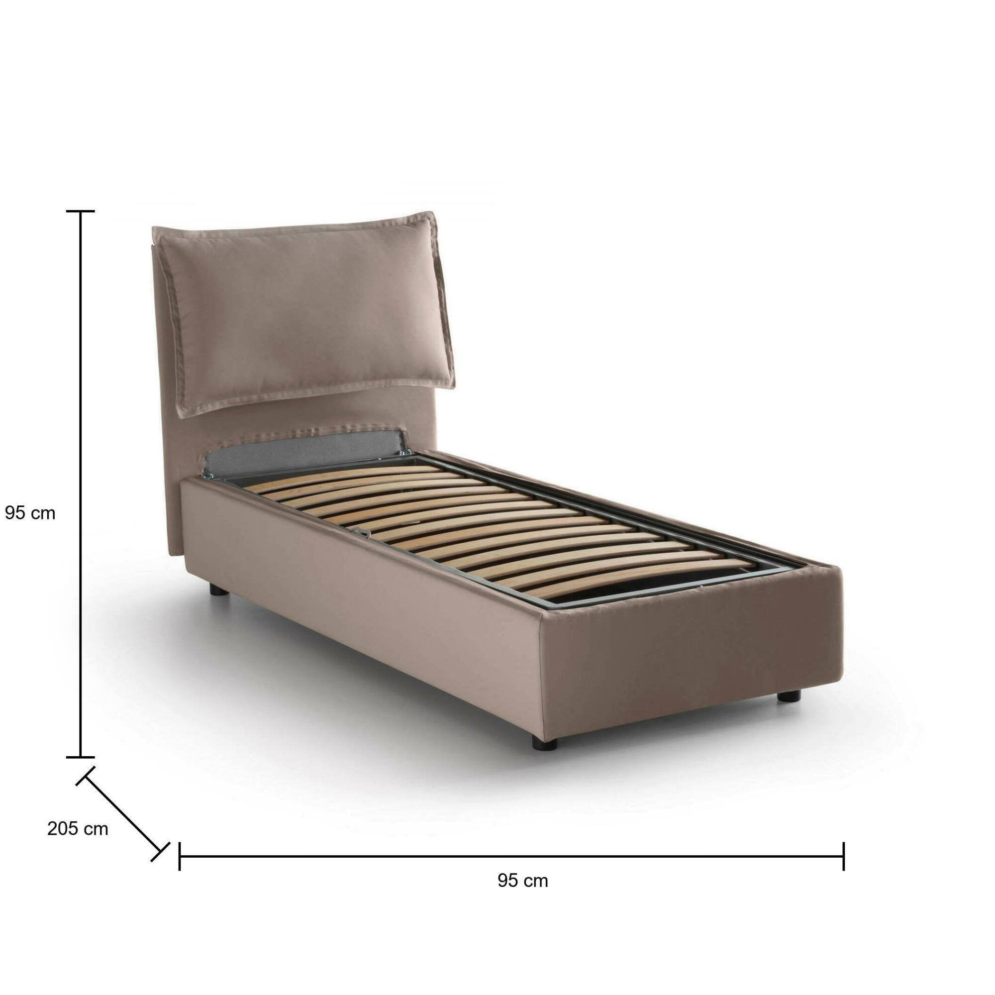 Letto singolo Alto, Letto contenitore con rivestimento in tessuto, Made in Italy, Apertura frontale, adatto per materasso cm 80x190, Tortora