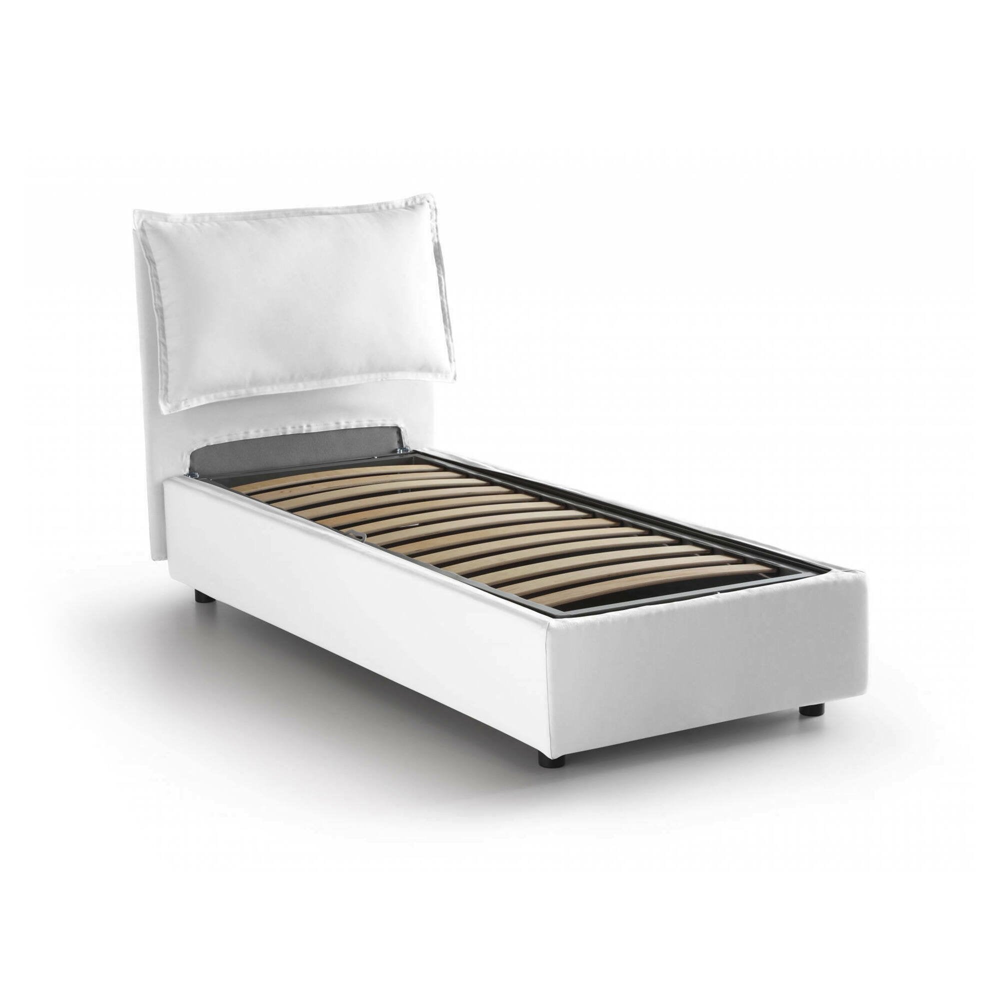 Letto singolo Alto, Letto contenitore con rivestimento in tessuto, Made in Italy, Apertura frontale, adatto per materasso cm 80x190, Bianco