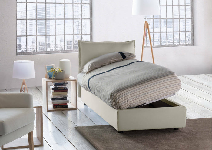 Letto singolo Aphrodite, Letto contenitore con rivestimento in tessuto, Made in Italy, Apertura laterale, adatto per materasso cm 80x190, Beige