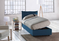 Letto singolo Aphrodite, Letto contenitore con rivestimento in tessuto, Made in Italy, Apertura laterale, adatto per materasso cm 80x190, Blu