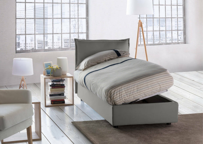 Letto singolo Aphrodite, Letto contenitore con rivestimento in tessuto, Made in Italy, Apertura laterale, adatto per materasso cm 80x190, Grigio