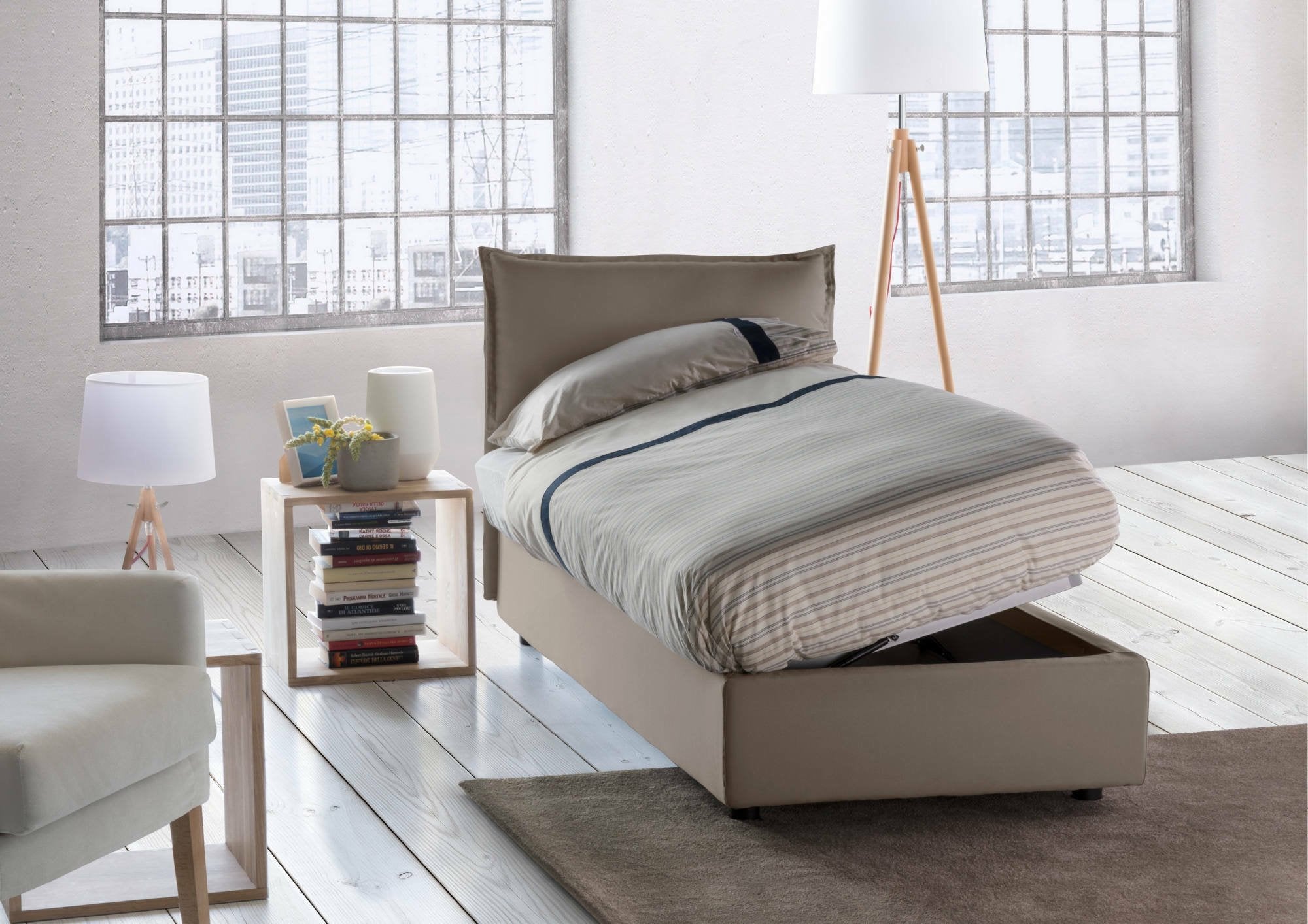 Letto singolo Aphrodite, Letto contenitore con rivestimento in tessuto, Made in Italy, Apertura laterale, adatto per materasso cm 80x190, Tortora