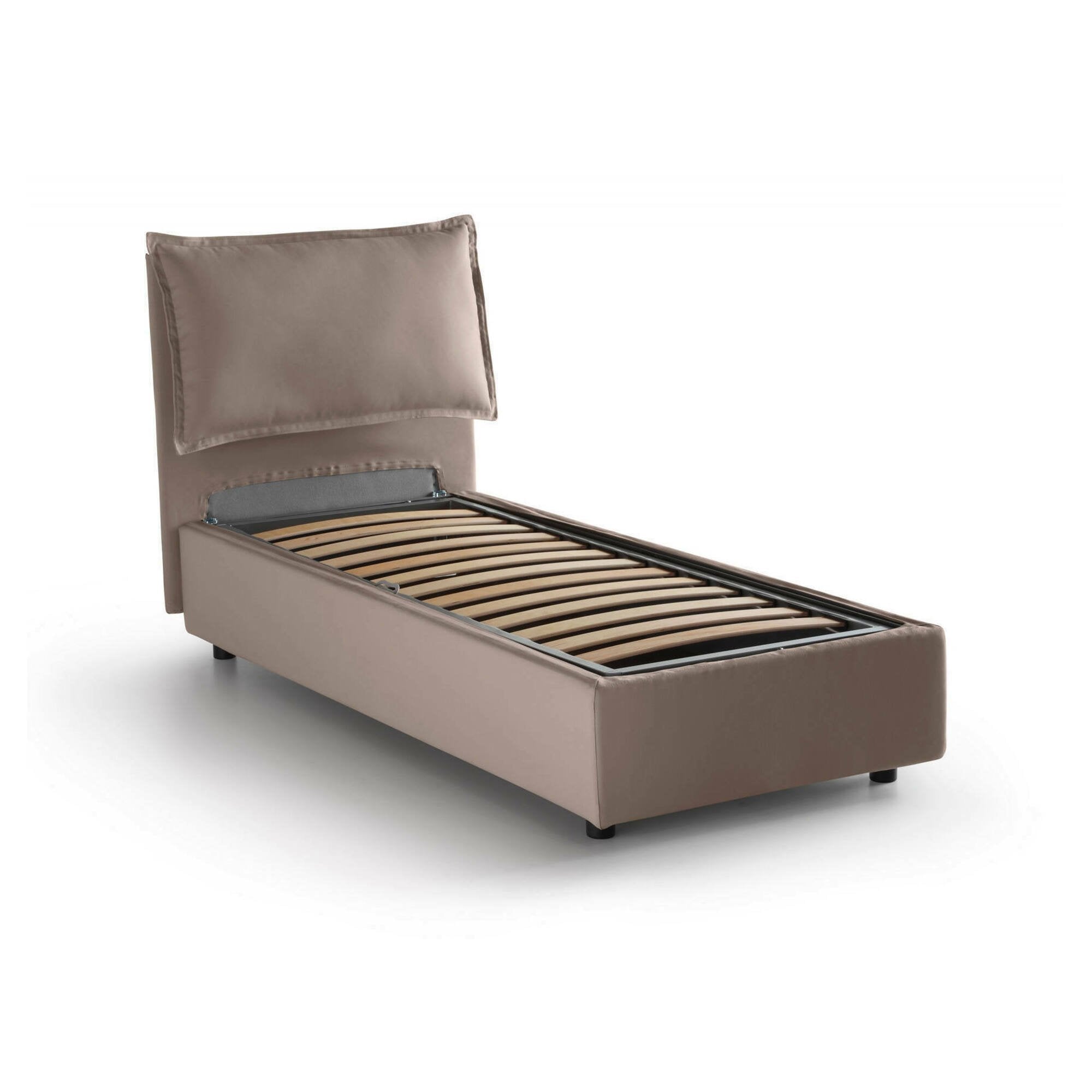 Letto singolo Aphrodite, Letto contenitore con rivestimento in tessuto, Made in Italy, Apertura laterale, adatto per materasso cm 80x190, Tortora