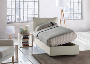 Letto singolo Aren, Letto contenitore con rivestimento in tessuto, Made in Italy, Apertura laterale, con materasso cm 80x190 incluso, Beige