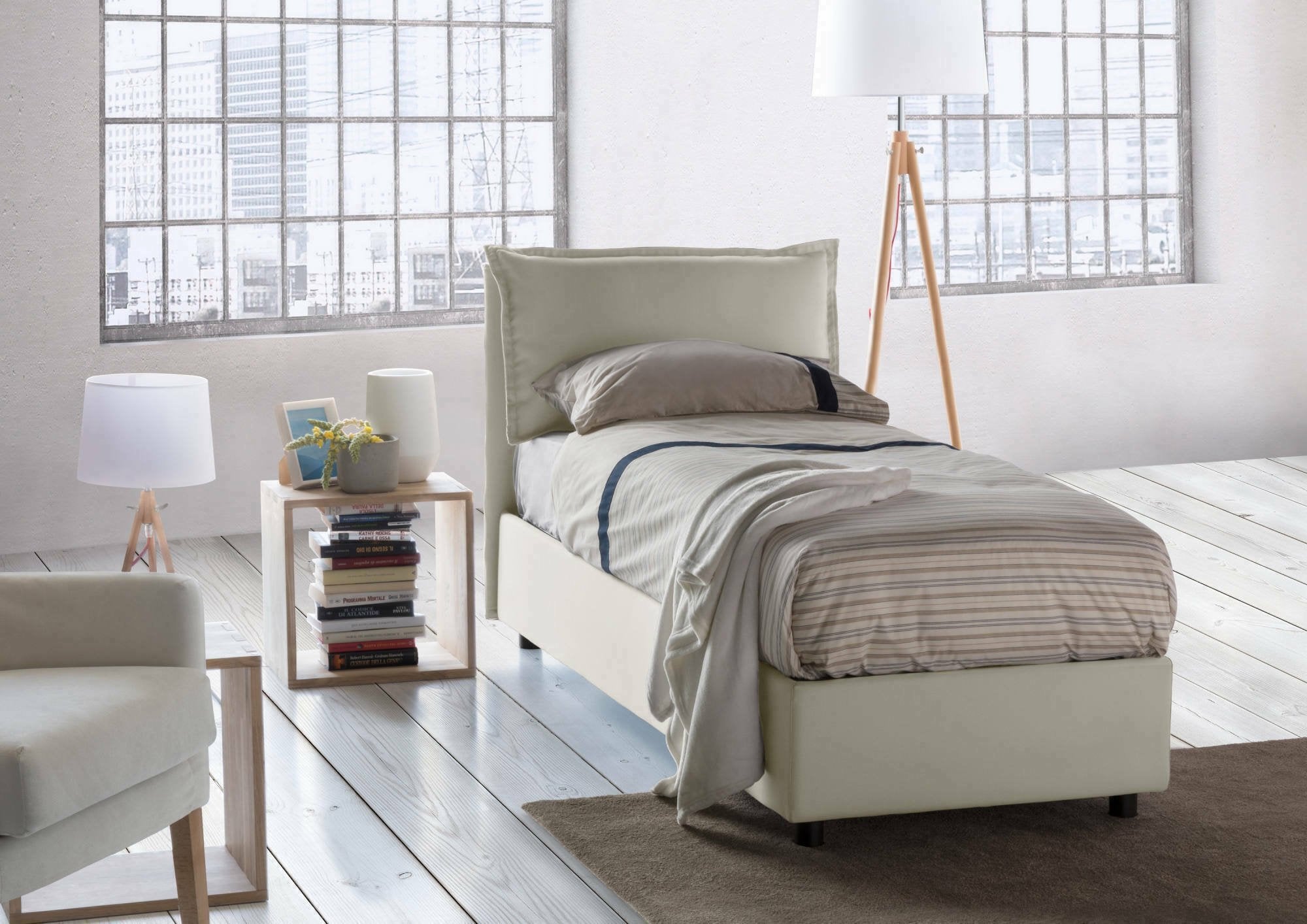 Letto singolo Aren, Letto contenitore con rivestimento in tessuto, Made in Italy, Apertura laterale, con materasso cm 80x190 incluso, Beige