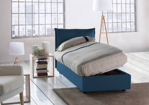 Letto singolo Aren, Letto contenitore con rivestimento in tessuto, Made in Italy, Apertura laterale, con materasso cm 80x190 incluso, Blu