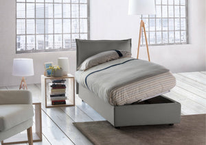 Letto singolo Aren, Letto contenitore con rivestimento in tessuto, Made in Italy, Apertura laterale, con materasso cm 80x190 incluso, Grigio