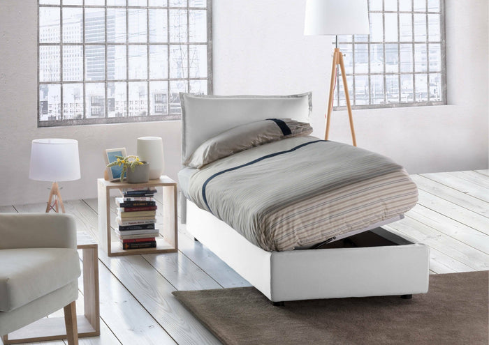 Letto singolo Aren, Letto contenitore con rivestimento in tessuto, Made in Italy, Apertura laterale, con materasso cm 80x190 incluso, Bianco