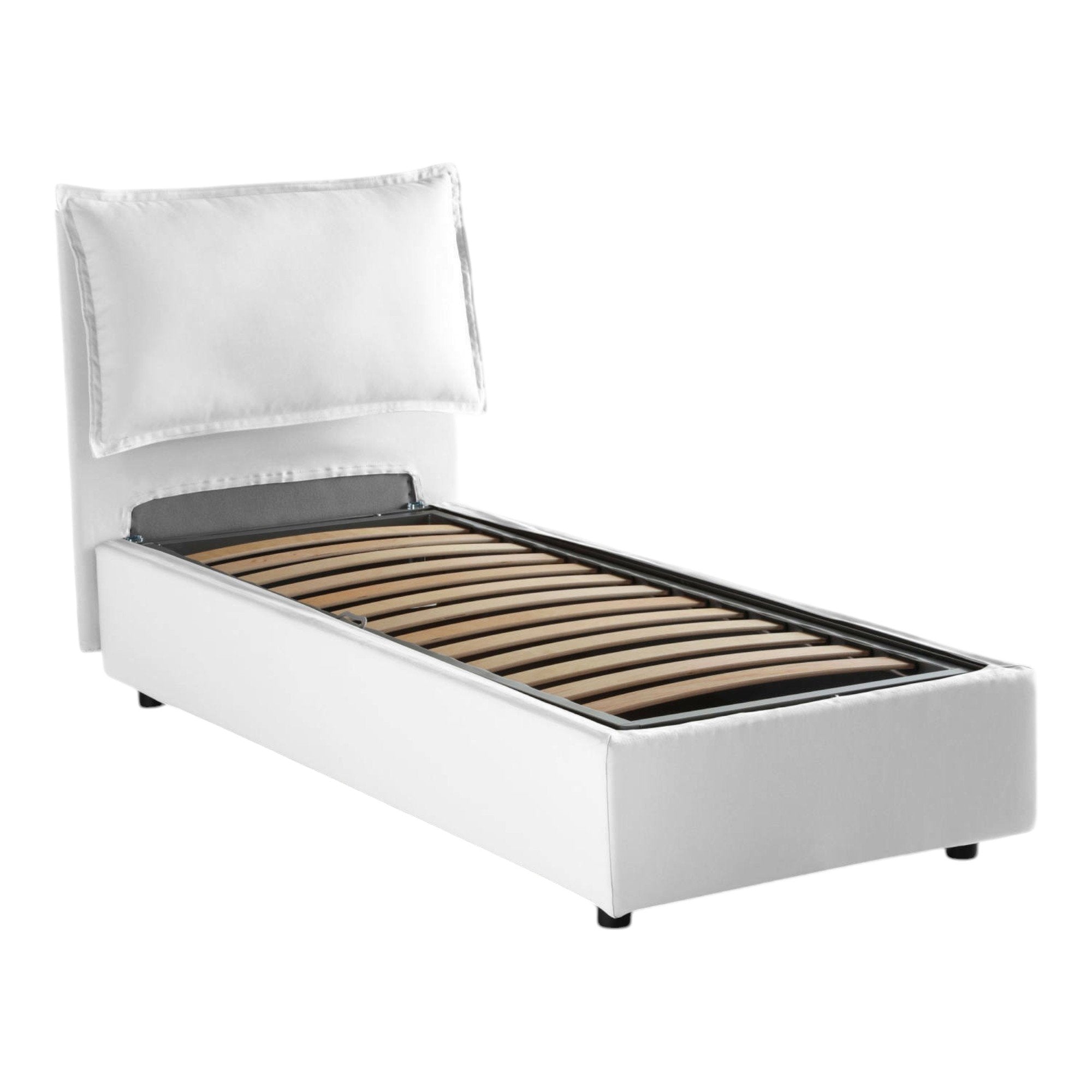 Letto singolo Aren, Letto contenitore con rivestimento in tessuto, Made in Italy, Apertura laterale, con materasso cm 80x190 incluso, Bianco