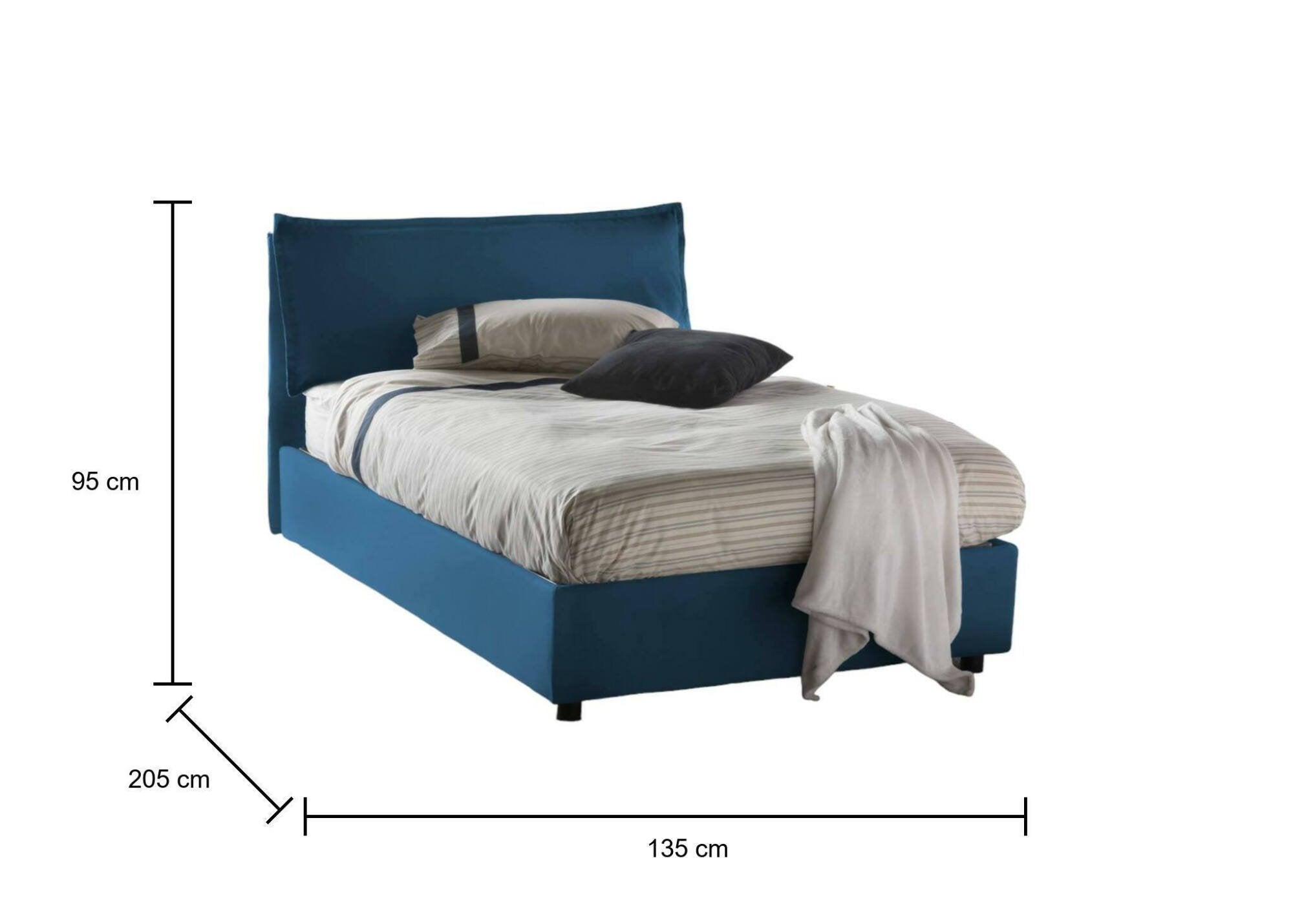 Letto piazza e mezza Asso, Letto contenitore con rivestimento in tessuto, Made in Italy, Apertura frontale, adatto per materasso cm 120x190, Blu