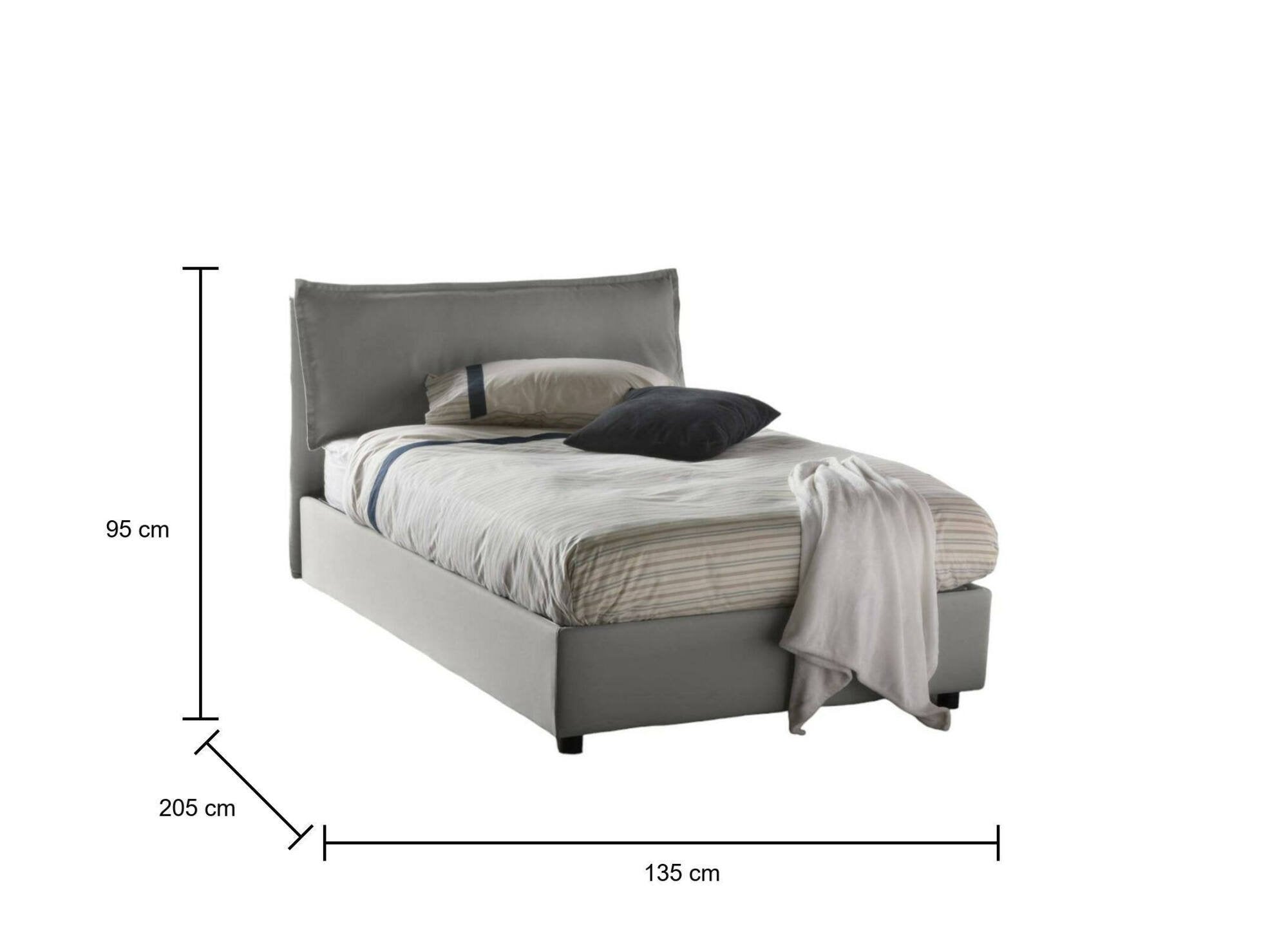 Letto piazza e mezza Asso, Letto contenitore con rivestimento in tessuto, Made in Italy, Apertura frontale, adatto per materasso cm 120x190, Grigio