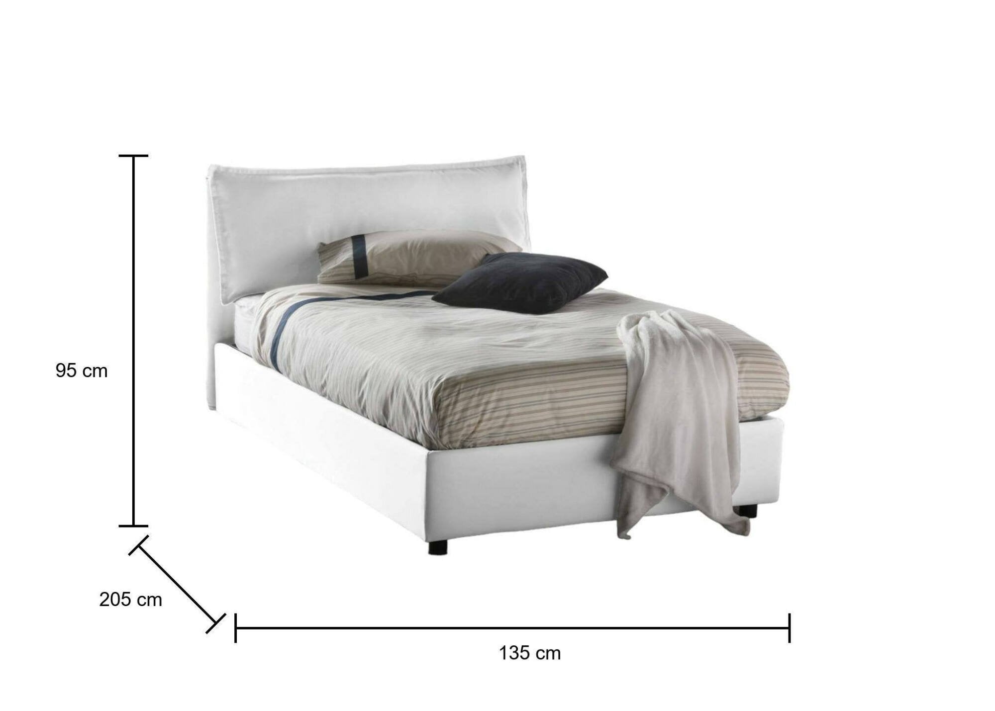 Letto piazza e mezza Asso, Letto contenitore con rivestimento in tessuto, Made in Italy, Apertura frontale, adatto per materasso cm 120x190, Bianco