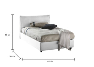 Letto piazza e mezza Asso, Letto contenitore con rivestimento in tessuto, Made in Italy, Apertura frontale, adatto per materasso cm 120x190, Bianco