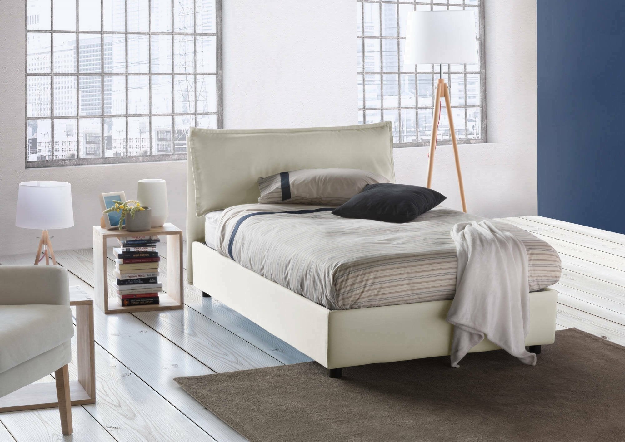 Letto piazza e mezza Attinia, Letto contenitore con rivestimento in tessuto, Made in Italy, Apertura frontale, con materasso cm 120x190 incluso, Beige