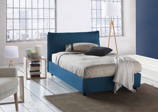 Letto piazza e mezza Attinia, Letto contenitore con rivestimento in tessuto, Made in Italy, Apertura frontale, con materasso cm 120x190 incluso, Blu