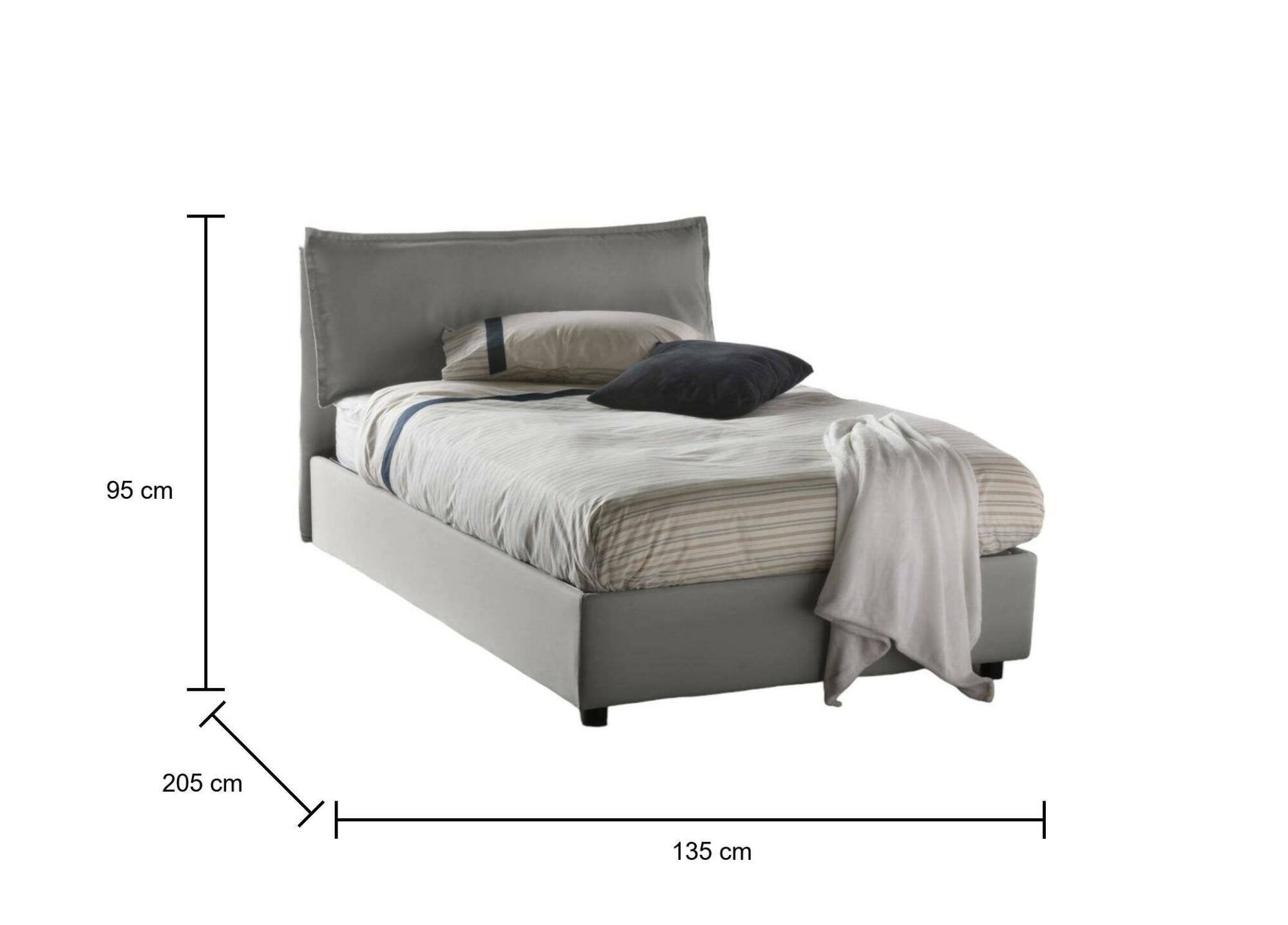Letto piazza e mezza Attinia, Letto contenitore con rivestimento in tessuto, Made in Italy, Apertura frontale, con materasso cm 120x190 incluso, Grigio