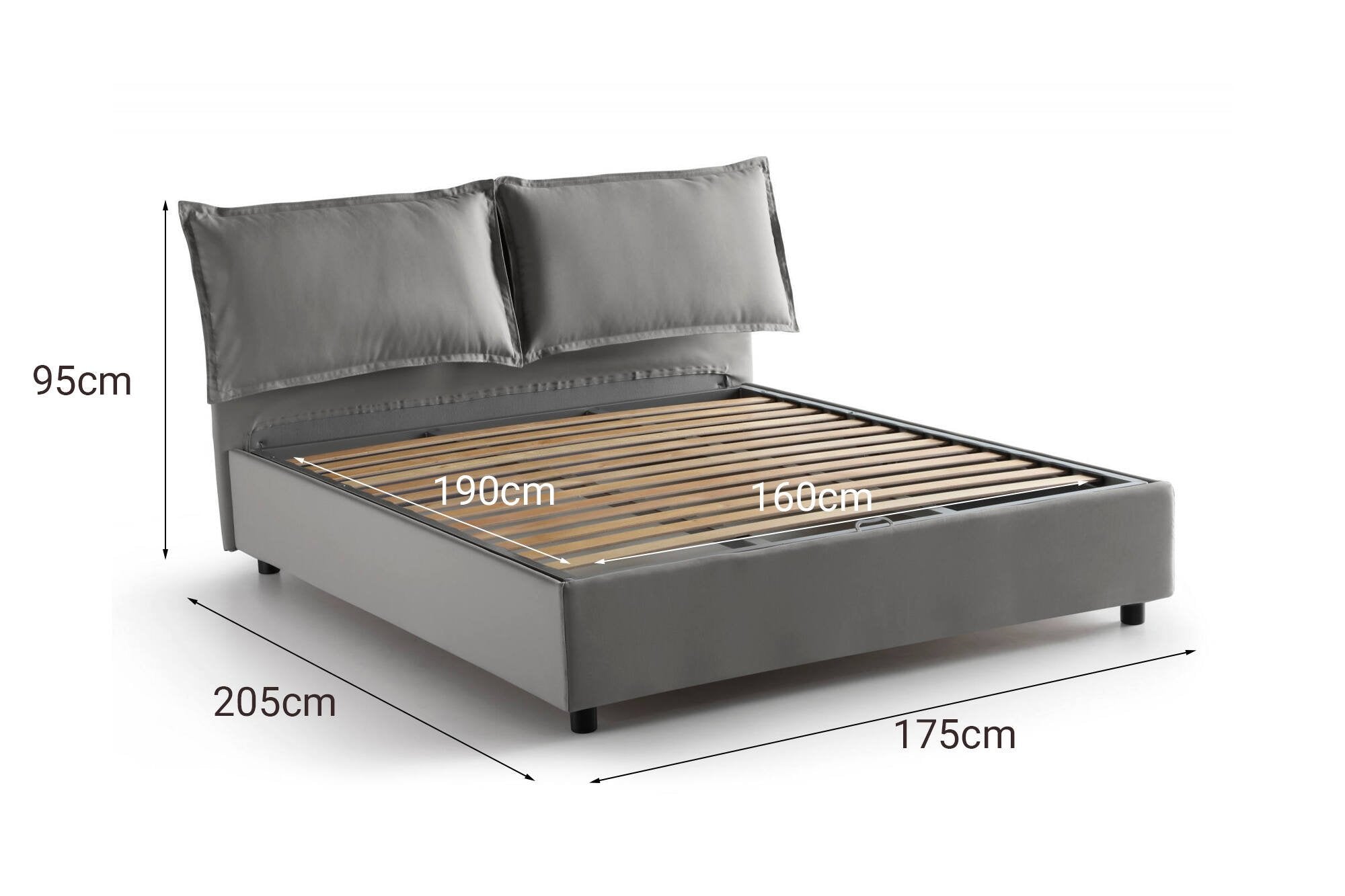 Letto matrimoniale Anjin, Letto contenitore con rivestimento in tessuto, Made in Italy, Apertura frontale, adatto per materasso cm 160x190, Grigio