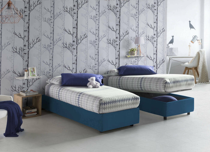 Letto singolo Aquolina, Letto contenitore con rivestimento in tessuto, Made in Italy, Apertura frontale, adatto per materasso cm 80x190, Blu