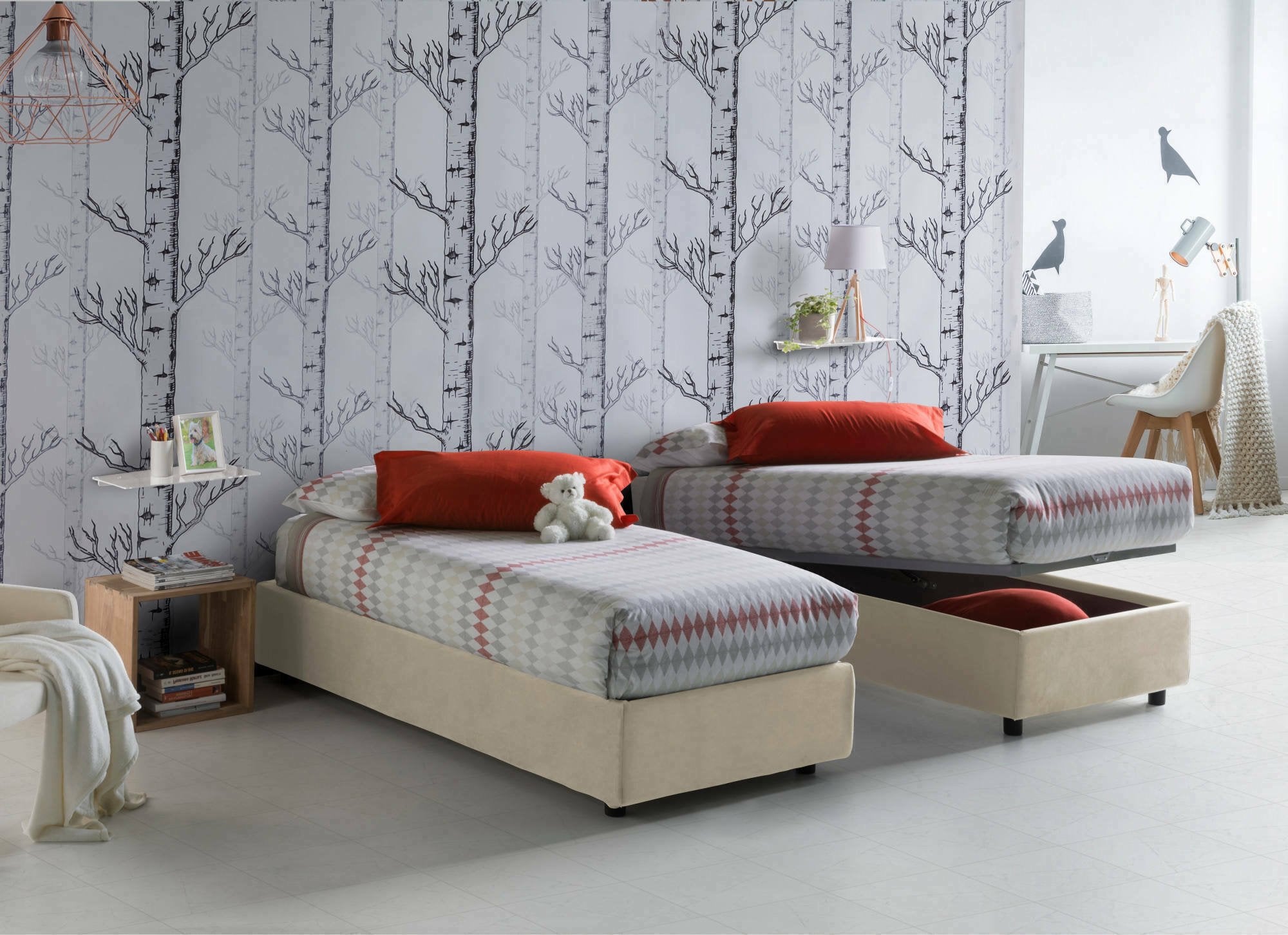 Letto singolo Aquolina, Letto contenitore con rivestimento in tessuto, Made in Italy, Apertura frontale, adatto per materasso cm 80x190, Beige