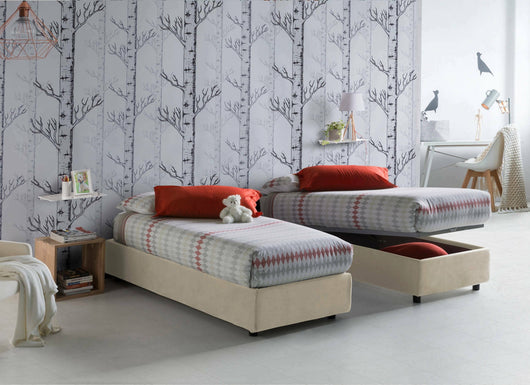 Letto singolo Aquolina, Letto contenitore con rivestimento in tessuto, Made in Italy, Apertura frontale, adatto per materasso cm 80x190, Beige
