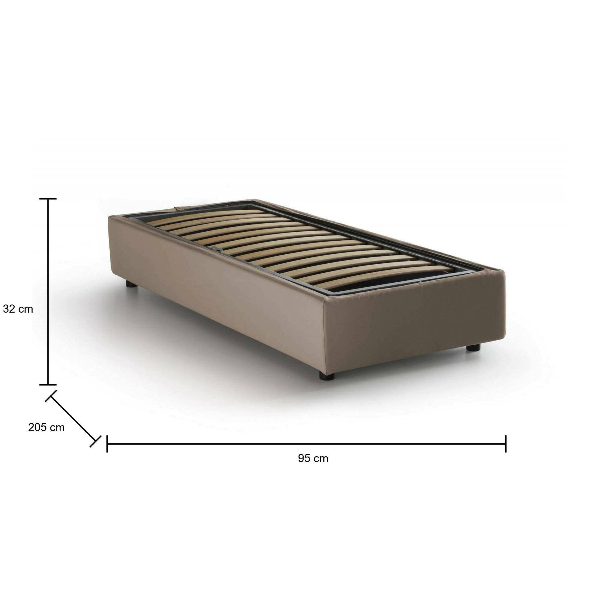 Letto singolo Aquolina, Letto contenitore con rivestimento in tessuto, Made in Italy, Apertura frontale, adatto per materasso cm 80x190, Tortora