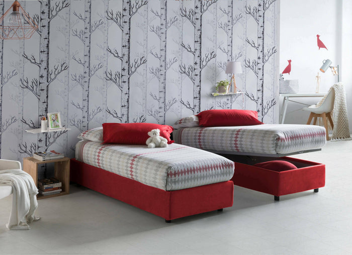 Letto singolo Aquolina, Letto contenitore con rivestimento in tessuto, Made in Italy, Apertura frontale, adatto per materasso cm 80x190, Rosso