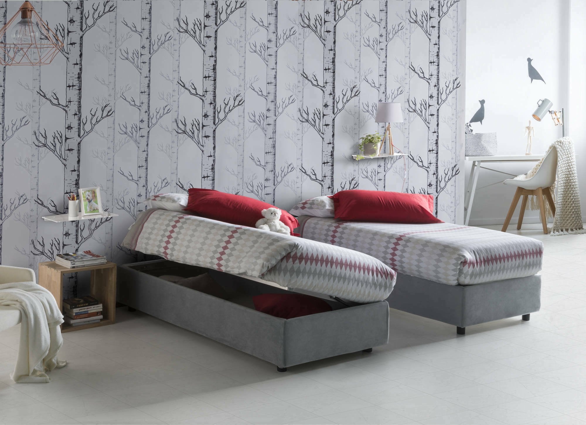 Letto singolo Adoxa, Letto contenitore con rivestimento in tessuto, Made in Italy, Apertura laterale, adatto per materasso cm 80x190, Grigio