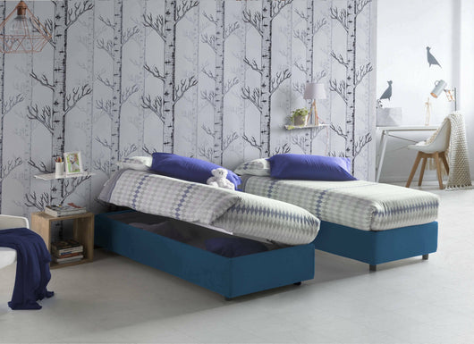 Letto singolo Abbi, Letto contenitore con rivestimento in tessuto, Made in Italy, Apertura laterale, con materasso cm 80x190 incluso, Blu