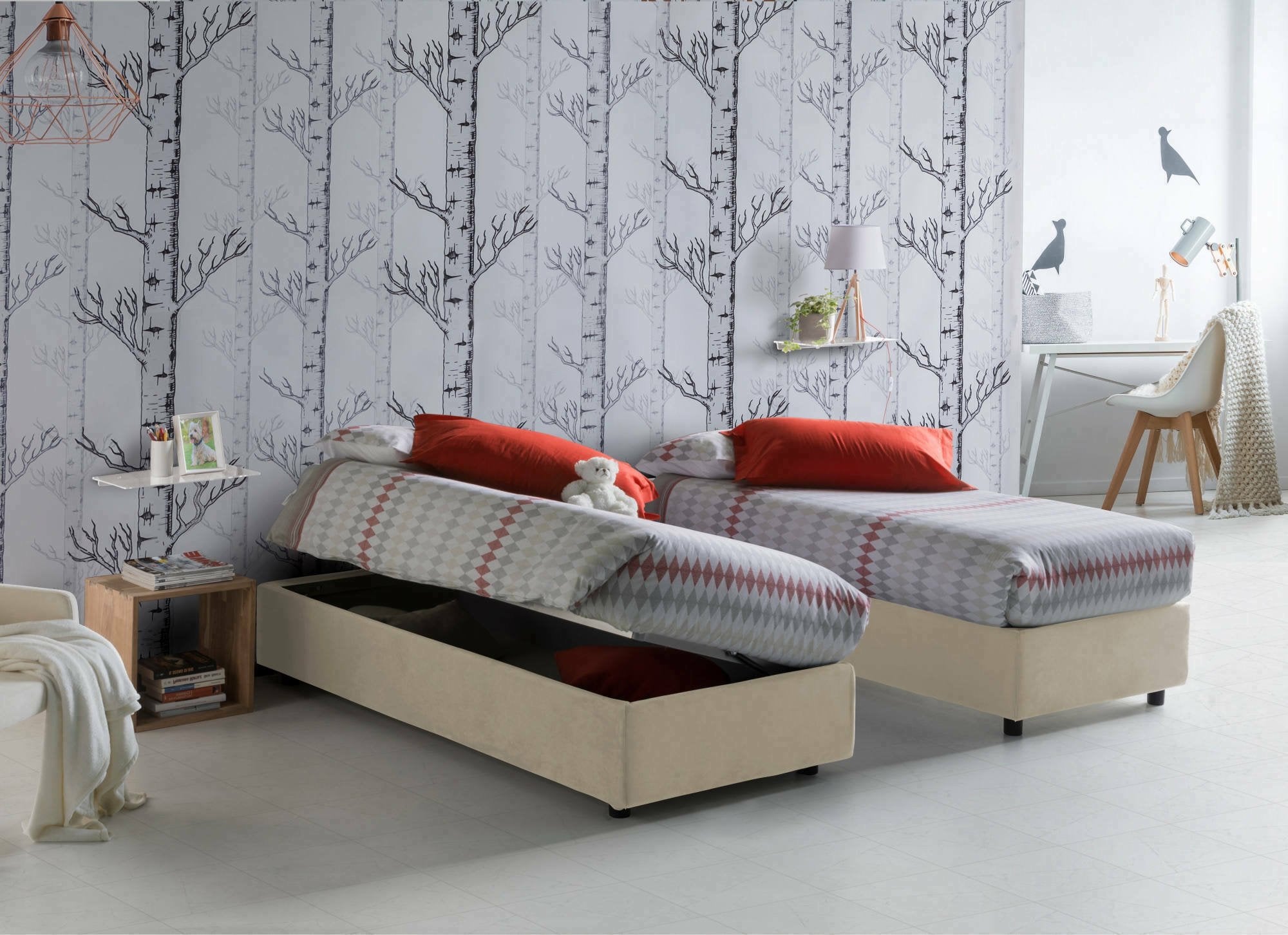 Letto singolo Abbi, Letto contenitore con rivestimento in tessuto, Made in Italy, Apertura laterale, con materasso cm 80x190 incluso, Beige