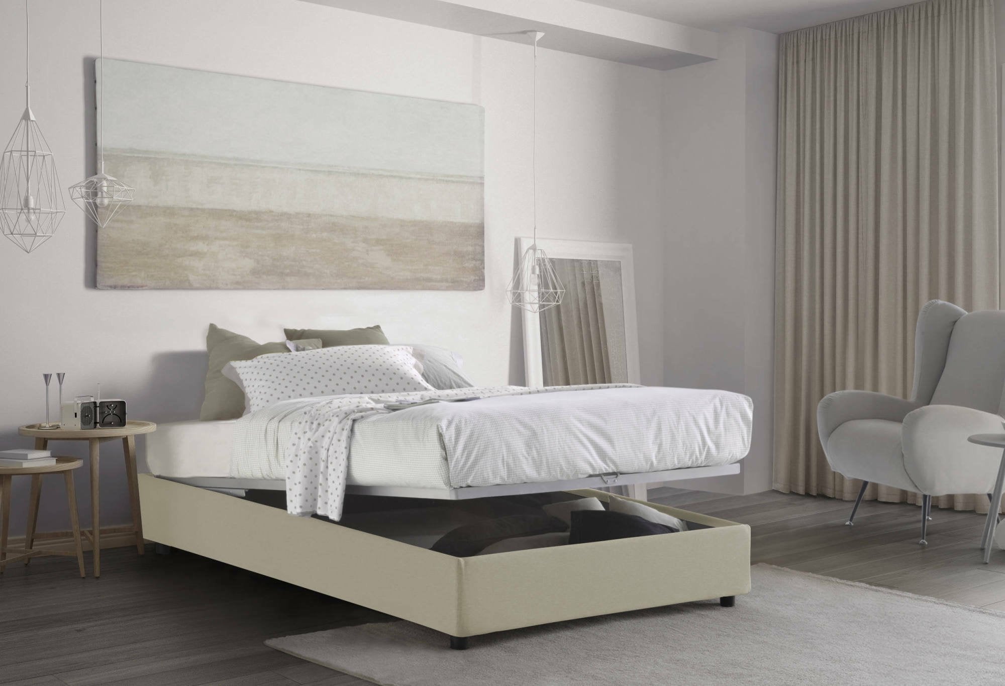 Letto piazza e mezza Asid, Letto contenitore con rivestimento in tessuto, Made in Italy, Apertura frontale, adatto per materasso cm 120x190, Beige