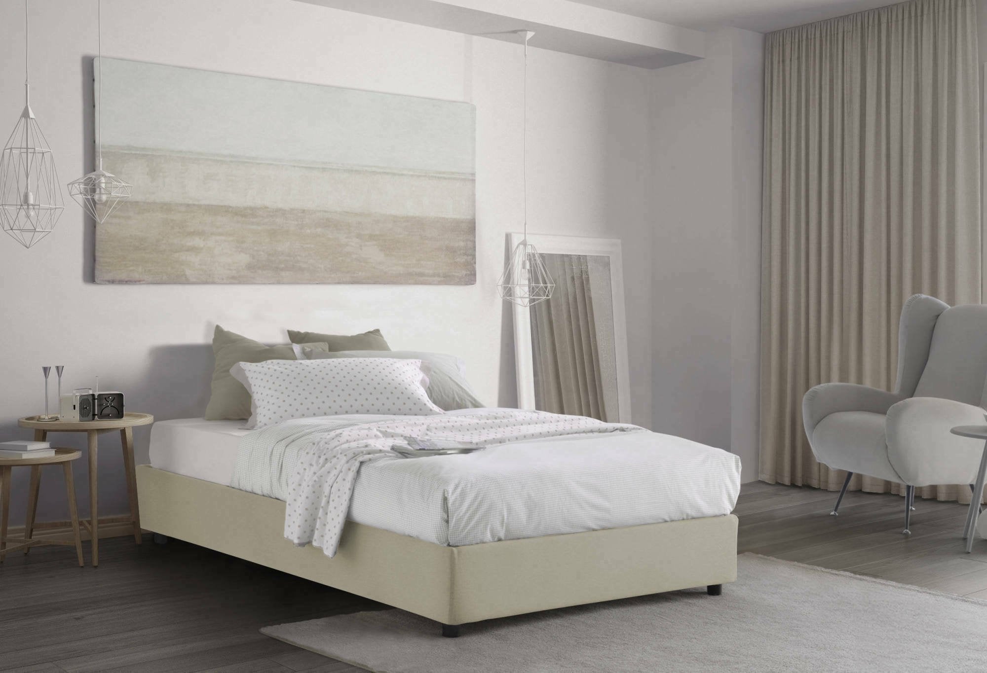 Letto piazza e mezza Asid, Letto contenitore con rivestimento in tessuto, Made in Italy, Apertura frontale, adatto per materasso cm 120x190, Beige