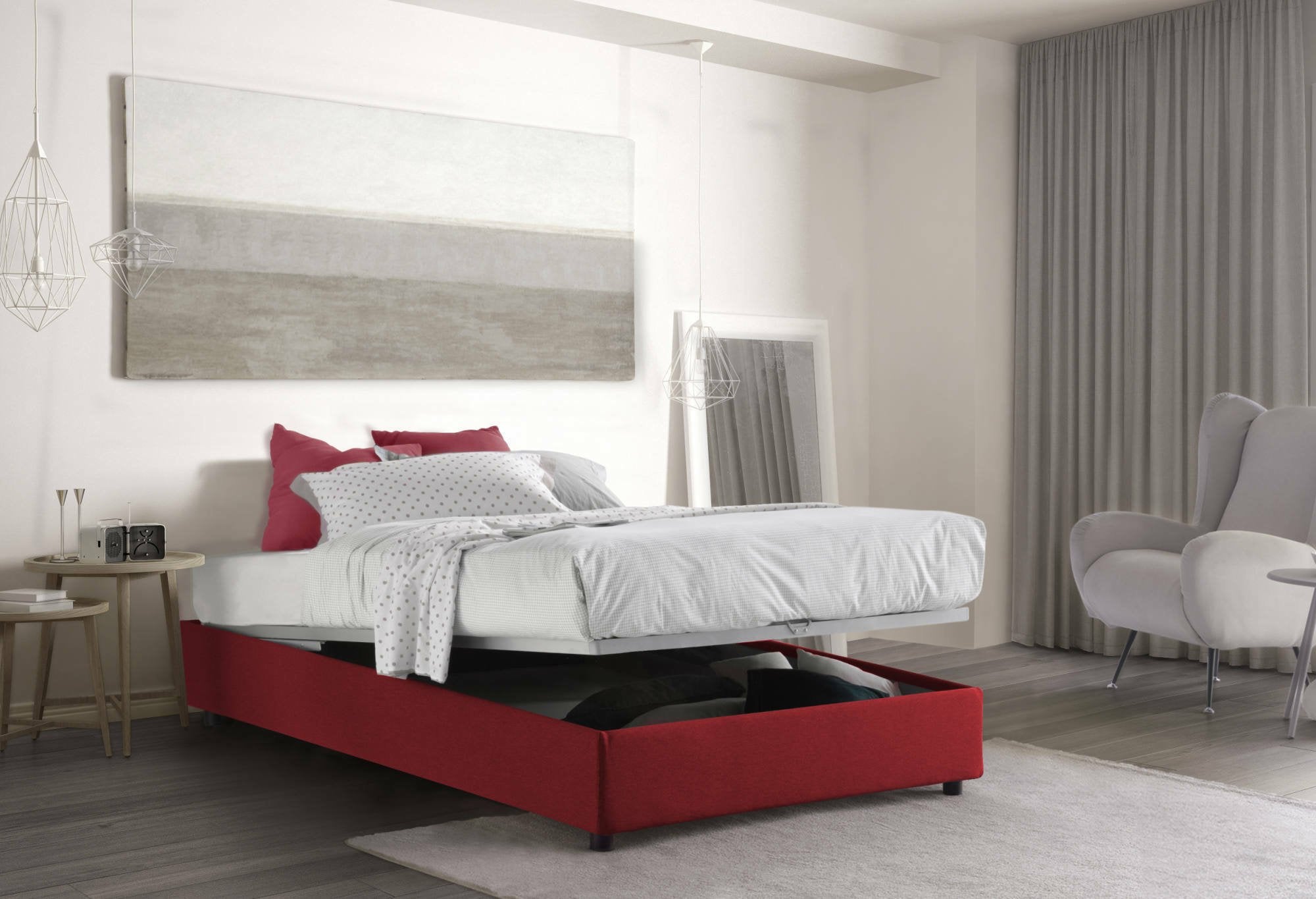 Letto piazza e mezza Asid, Letto contenitore con rivestimento in tessuto, Made in Italy, Apertura frontale, adatto per materasso cm 120x190, Rosso