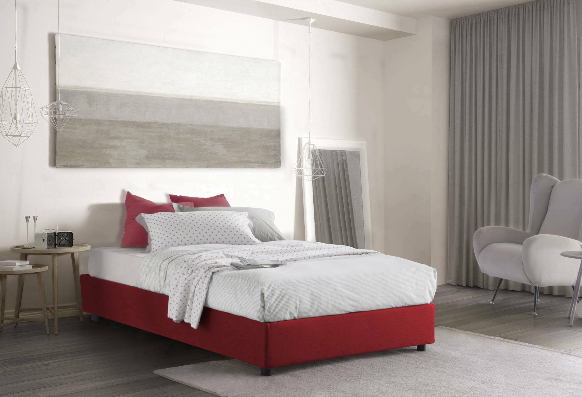 Letto piazza e mezza Asid, Letto contenitore con rivestimento in tessuto, Made in Italy, Apertura frontale, adatto per materasso cm 120x190, Rosso