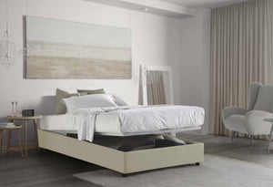 Letto piazza e mezza Alvise, Letto contenitore con rivestimento in tessuto, Made in Italy, Apertura frontale, con materasso cm 120x190 incluso, Beige