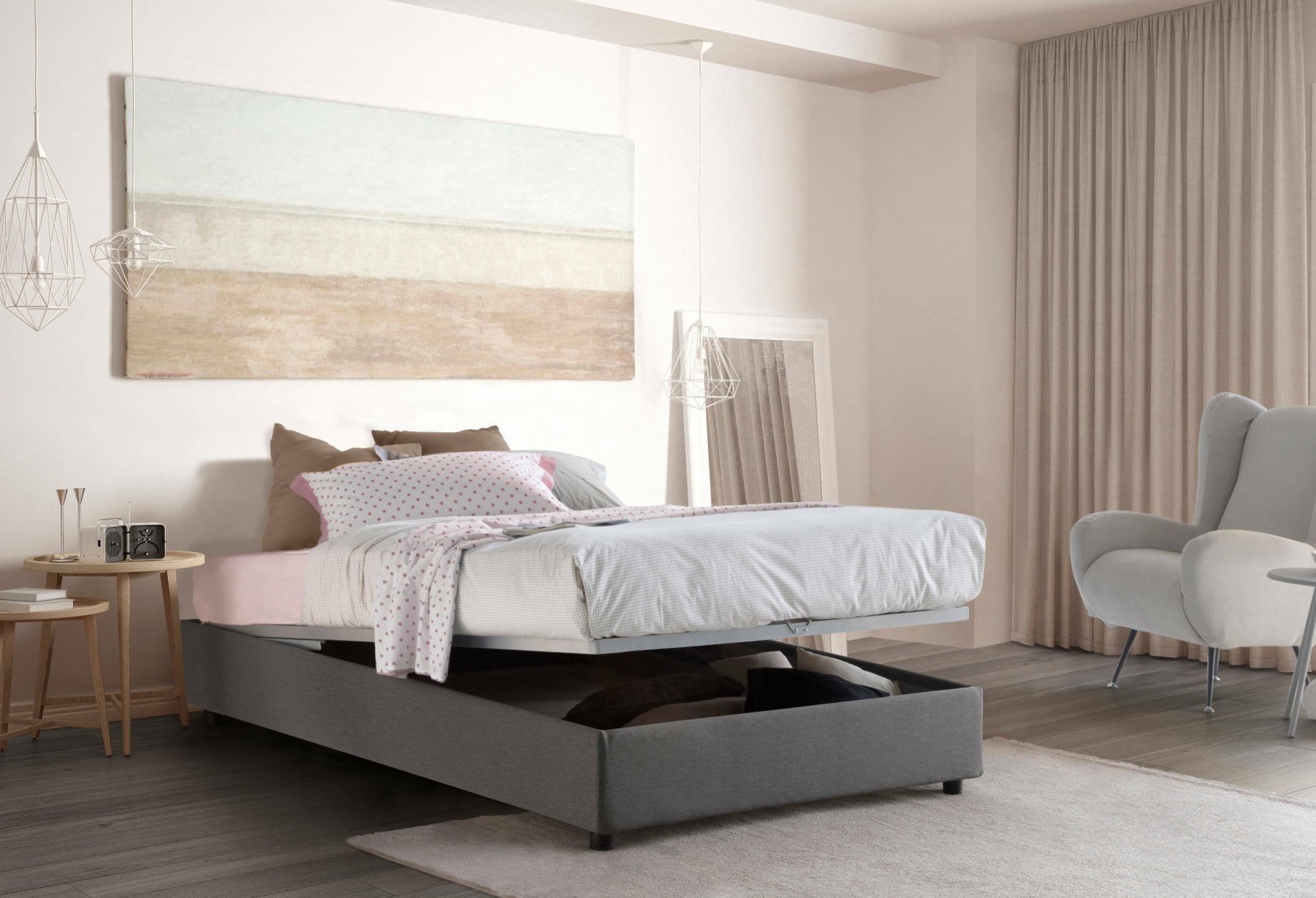 Letto piazza e mezza Alvise, Letto contenitore con rivestimento in tessuto, Made in Italy, Apertura frontale, con materasso cm 120x190 incluso, Grigio