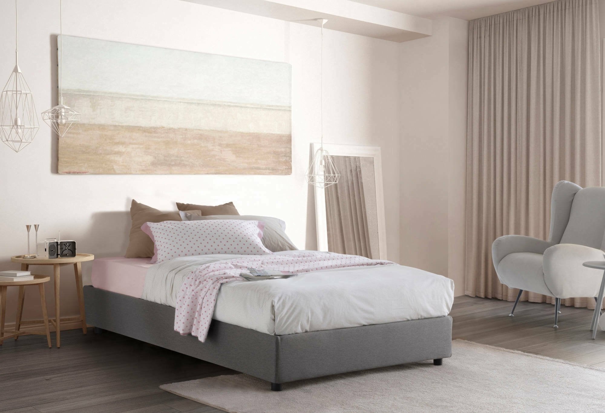 Letto piazza e mezza Alvise, Letto contenitore con rivestimento in tessuto, Made in Italy, Apertura frontale, con materasso cm 120x190 incluso, Grigio