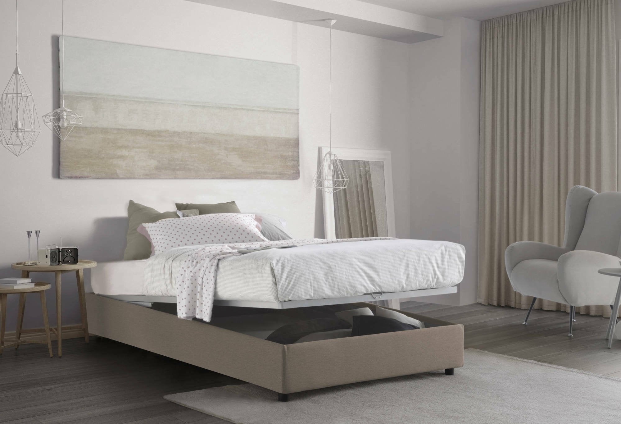 Letto piazza e mezza Alvise, Letto contenitore con rivestimento in tessuto, Made in Italy, Apertura frontale, con materasso cm 120x190 incluso, Tortora